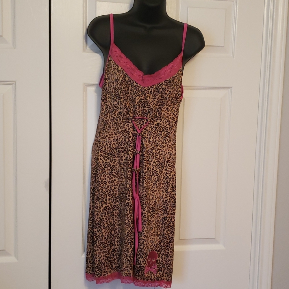 Sourpuss leopard print slip dress pink corset ribbon size large goth emo scene